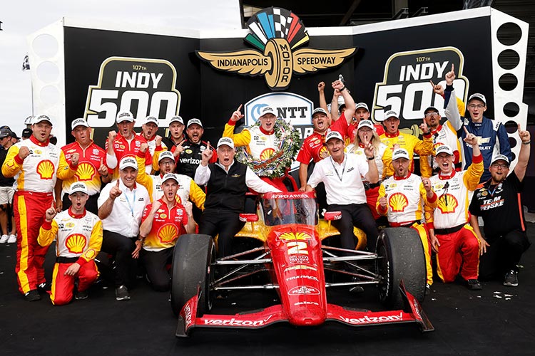 Josef Newgarden and the No. 2 Shell Powering Progress Chevy team celebrate their victory in 2023 Indianapolis 500.